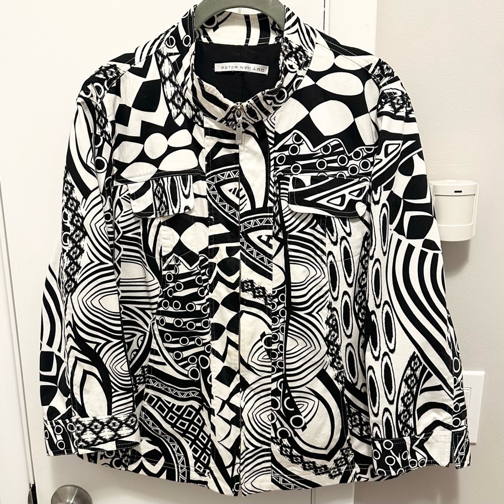 Peter Nygard Zip Up Lined Jacket Womens XL Black White Cotton Abstract Geometric